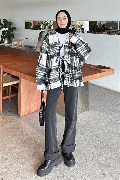 Bağlamalı Kaşe Ekose Kimono Beyaz