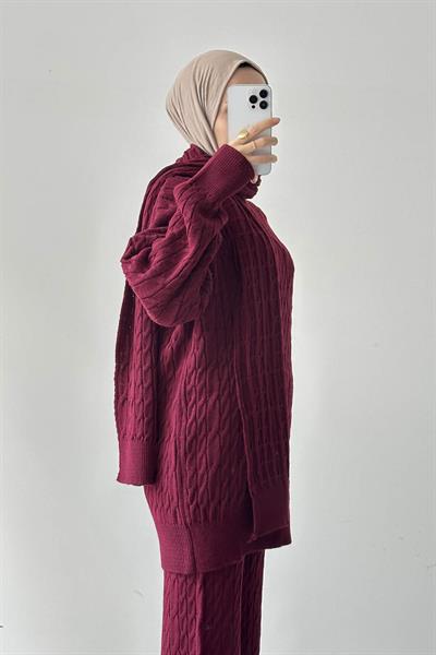 Atkılı Örülü Tesettür Takım Bordo