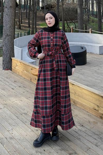 Ekose Desen Elbise Bordo