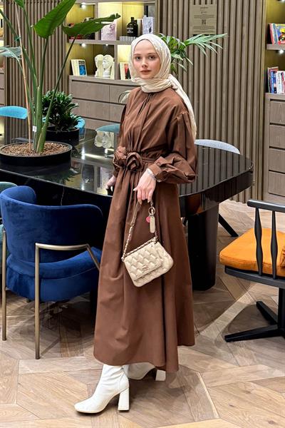 Pileli Poplin Elbise Acı Kahverengi