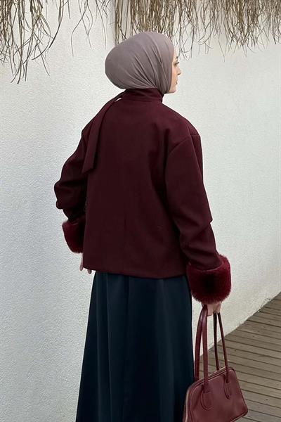Kol Kürk Detaylı Kaban Bordo