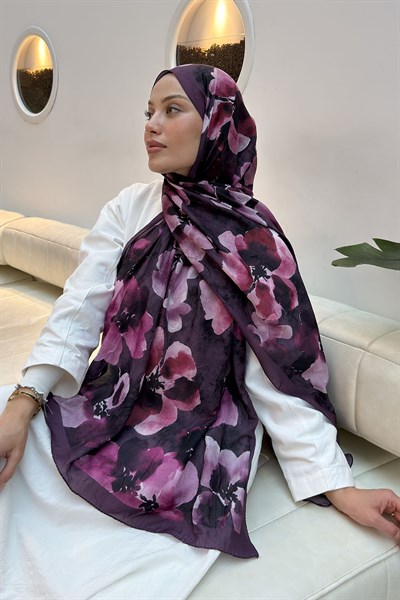 Batik Çiçek Desen Bambu Şal Mürdüm