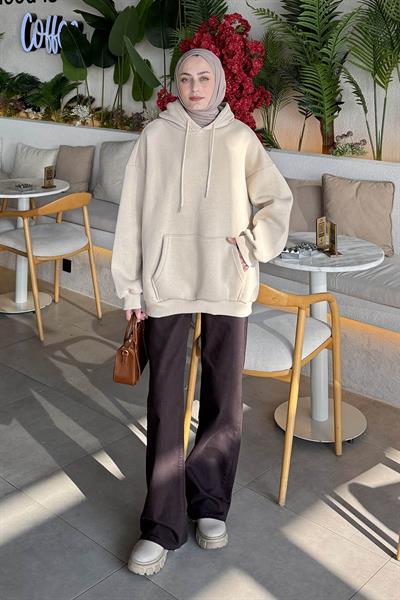 Üç İplik Kanguru Cep Sweatshirt Bej