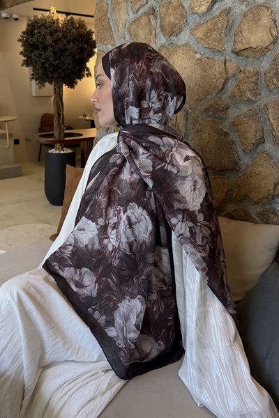 Vintage Flower Desen Bambu Şal Acı Kahverengi