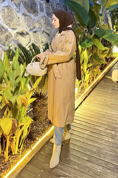 Omuz Apoletli Deri Trençkot Sütlü Kahve