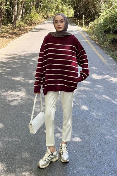 Çizgili Triko Kazak Bordo