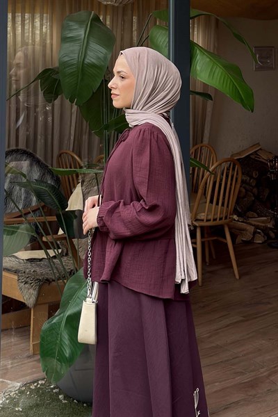 V Yaka Kolları Lastikli Müslim Tesettür Gömlek Mürdüm