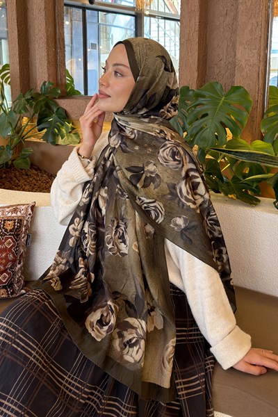 Çiçek Desen Bambu Şal Haki
