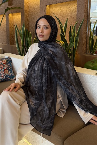 Gül Çiçek Desen Ferah Şal Siyah