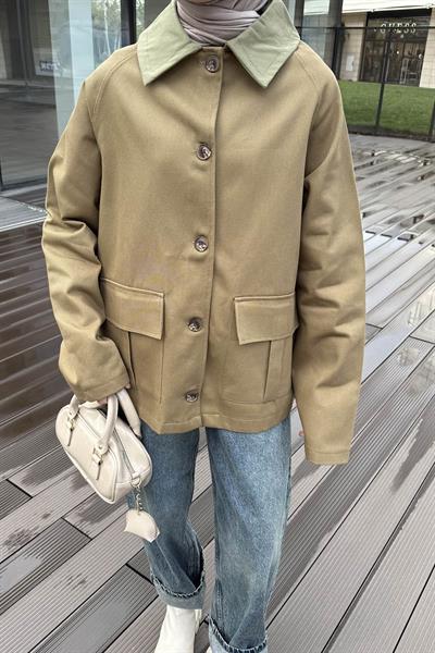 Yaka Detaylı Düğmeli Gabardin Ceket Haki