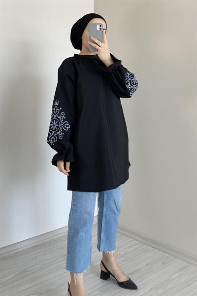 Kol Nakışlı Tunik Siyah