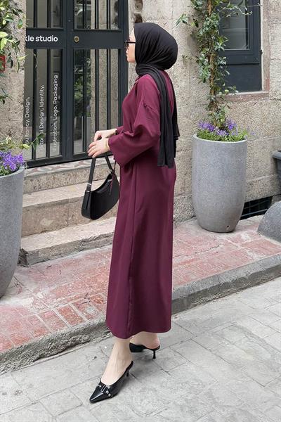 Takma Manşet Detaylı Dabıl Tesettür Elbise Mürdüm
