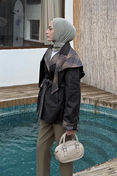 Ekose Yaka Bağlama Detaylı Mont Koyu Kahve