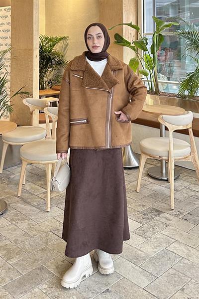 Fermuarlı İçi Peluş Detaylı Süet Mont TABA
