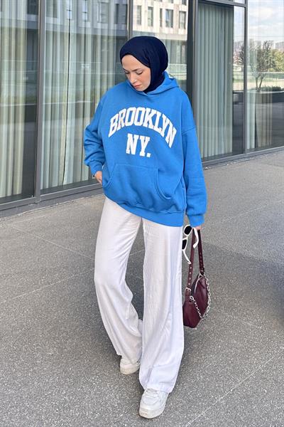 Brooklyn Baskılı Üç İplik Sweat Mavi