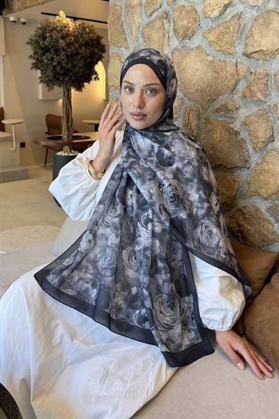Botanik Çiçek Desen Lara Soft Şal Siyah