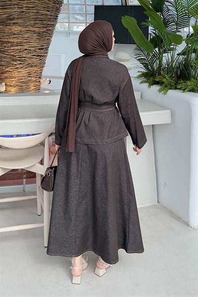 Bağlamalı Denim Takım Kahverengi