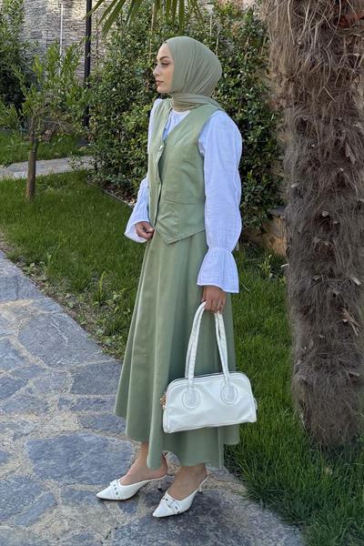Gabardin Yelek-Etek İkili Tesettür Takım Çağla Yeşili
