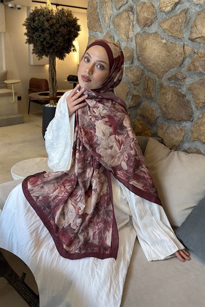 Vintage Flower Desen Bambu Şal Bordo