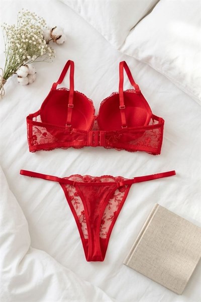 Destekli Brode Sütyen Takımı Kırmızı