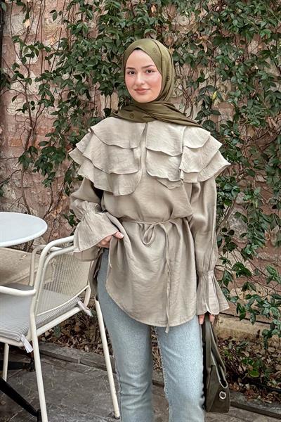 Geniş Katlı Yakalı Gömlek Haki