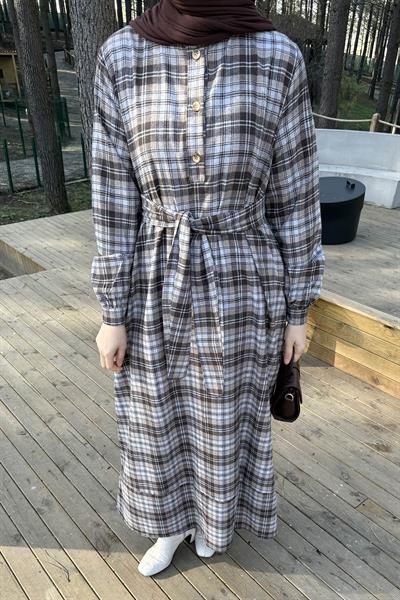 Ekose Desen Elbise Çikolata Kahve