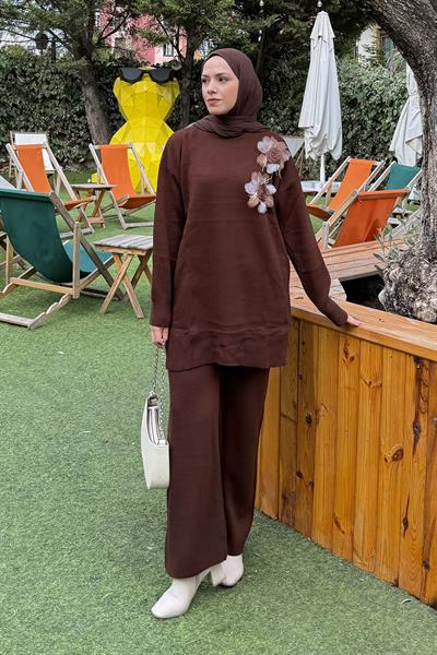 Aksesuarlı Triko Takım Acı Kahverengi