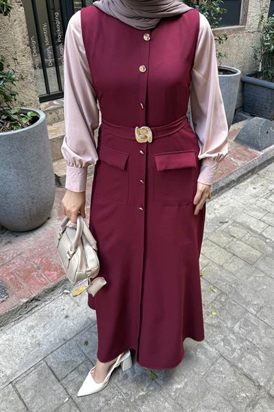 Düğme Detaylı Elbise Bordo