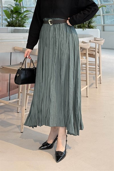 Kraşlı Tesettür Etek Koyu Yeşil