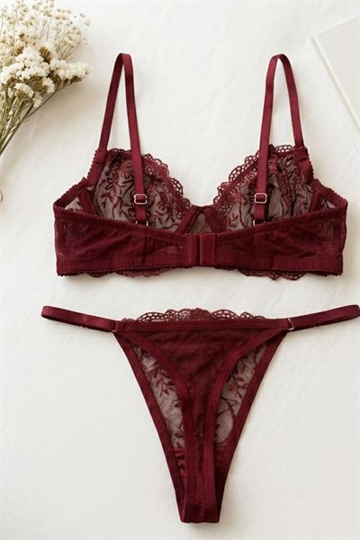 Bordo Dantelli Bralet Sütyen Takım Bordo