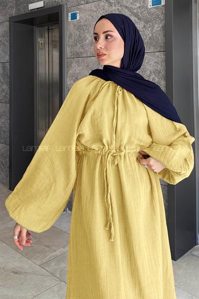 Balon Kol Bağlamalı Tesettür Elbise Sarı