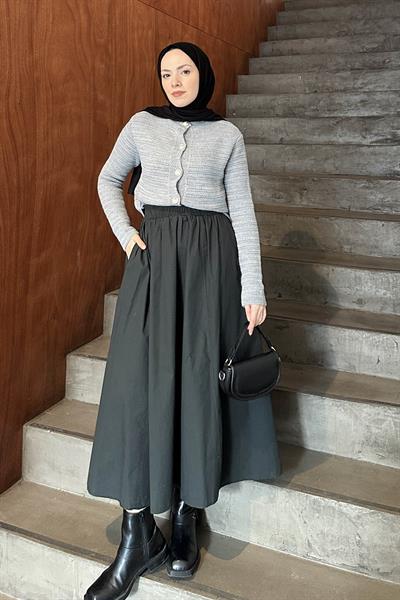 Links Desenli Crop Hırka Gri