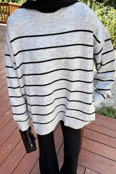 Çizgili Triko Kazak Gri