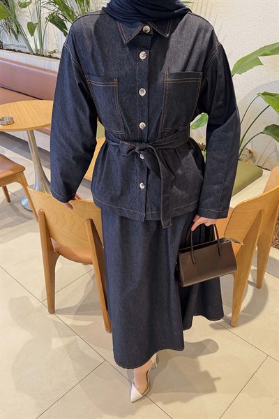 Bağlamalı Denim Takım Koyu Mavi