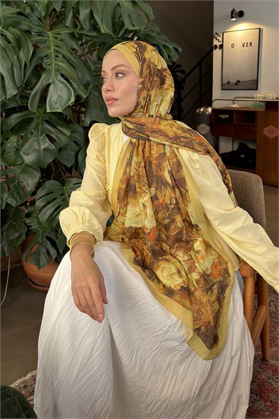 Vintage Flower Desen Bambu Şal Yağ Yeşili