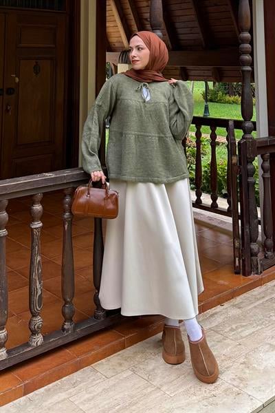 Yakası Bağcıklı Triko Kazak Haki