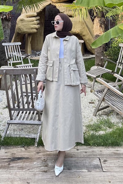 Cep Detaylı İkili Etek Tesettür Takım Bej