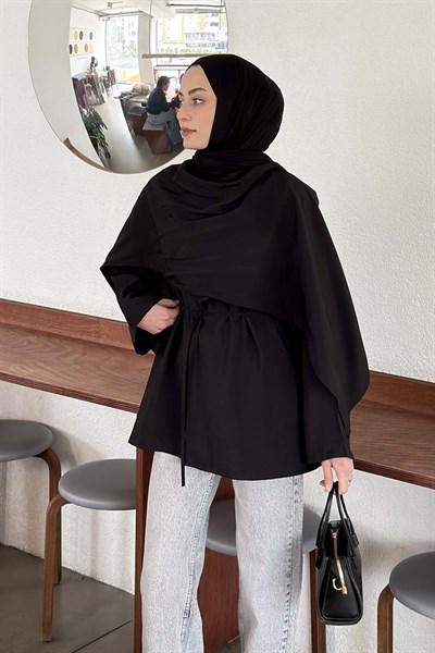 Şallı Bağlama Detaylı Tunik Siyah