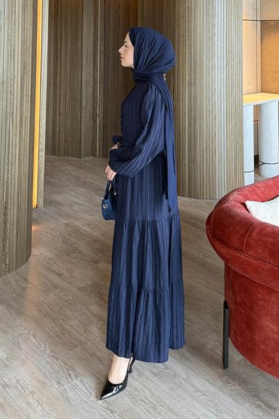 Biritli Tesettür Elbise Lacivert