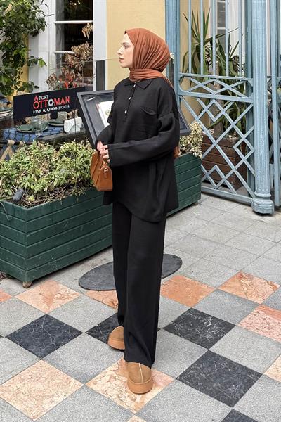 Cep Detaylı Triko Takım Siyah