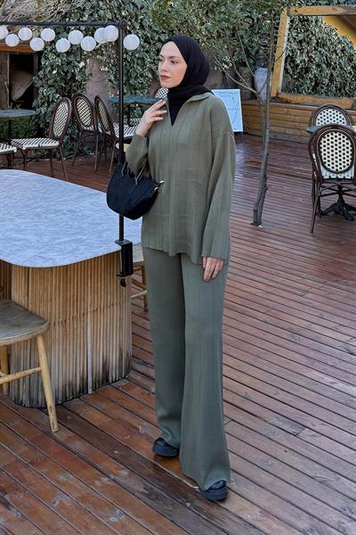 Yaka Detay İkili Tesettür Takım Haki