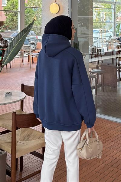 Kapüşonlu Oversize Yan Cepli Sweat İndigo