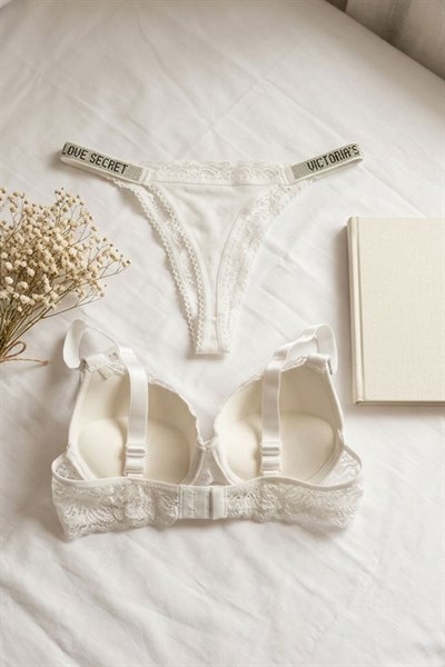 Dantel Taşlı Destekli Sütyen Takımı Beyaz