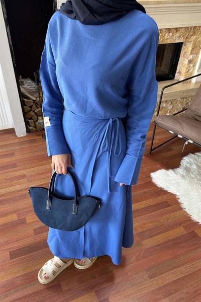 Eteği Bağlama Detaylı Takım Saks Mavisi