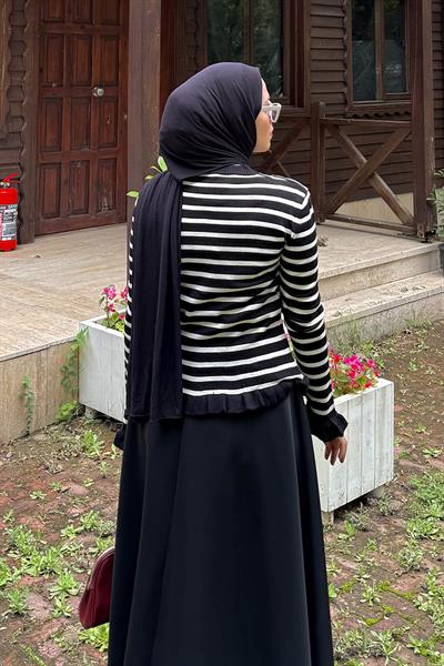 Fırfırlı Çizgili Hırka Siyah
