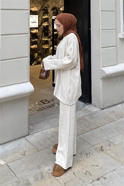 Asimetrik Bisiklet Yaka Triko Takım Koyu Taş