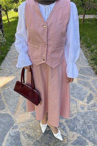 Gabardin Yelek-Etek İkili Tesettür Takım Pudra