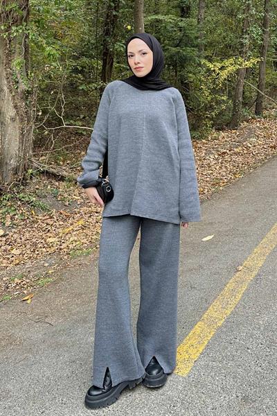 Basic Pantolon Önü Yırtmaçlı Triko Tesettür Takım Gri