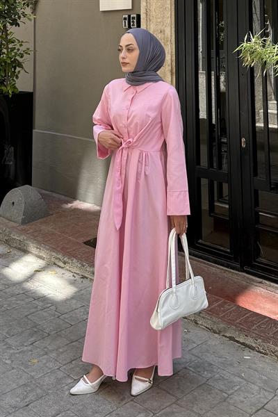 Ön Bağlama Detaylı Tesettür Elbise Pembe