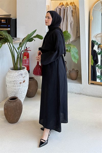 Balon Kol Bağlamalı Tesettür Elbise Siyah